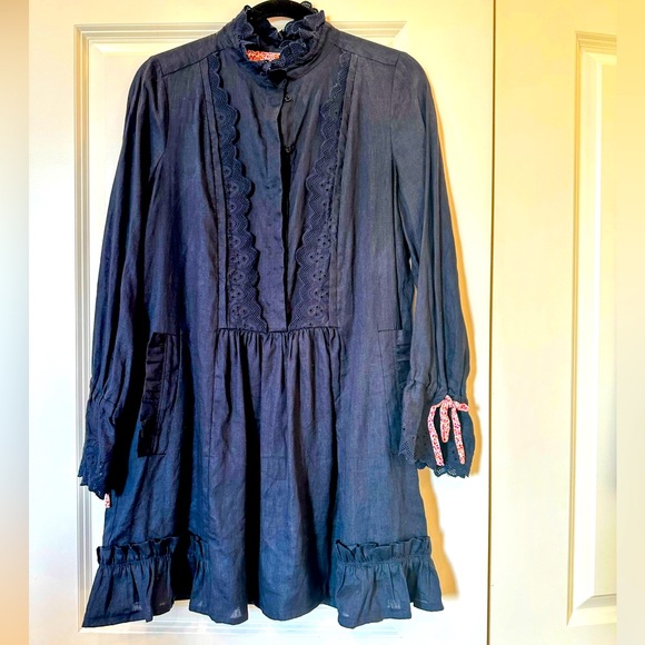 On This Note Noa Noa Linen Dress XS Navy Blue Ruffles & Lace Victoria Collar - Picture 1 of 11